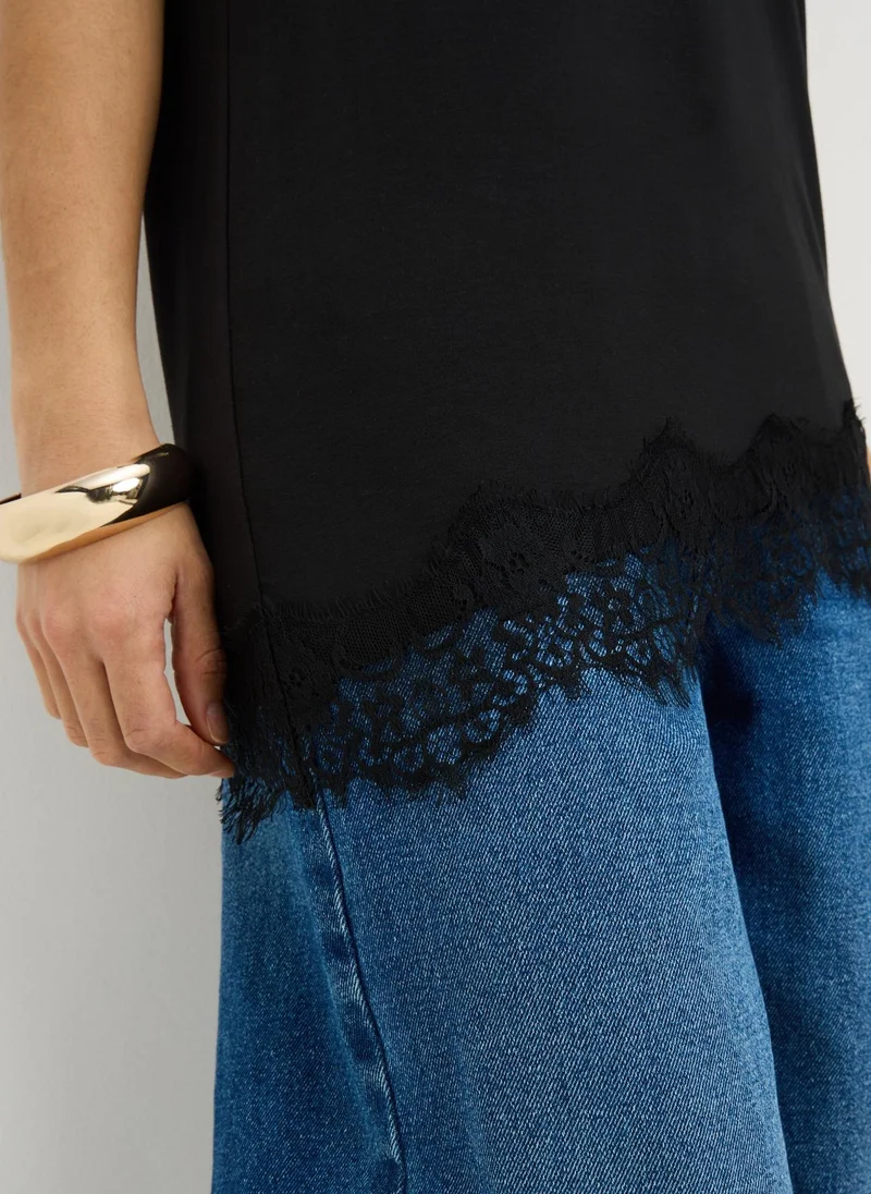 Matalan Black Black Asymmetric Lace Trim T-Shirt for Women | Best Price UAE